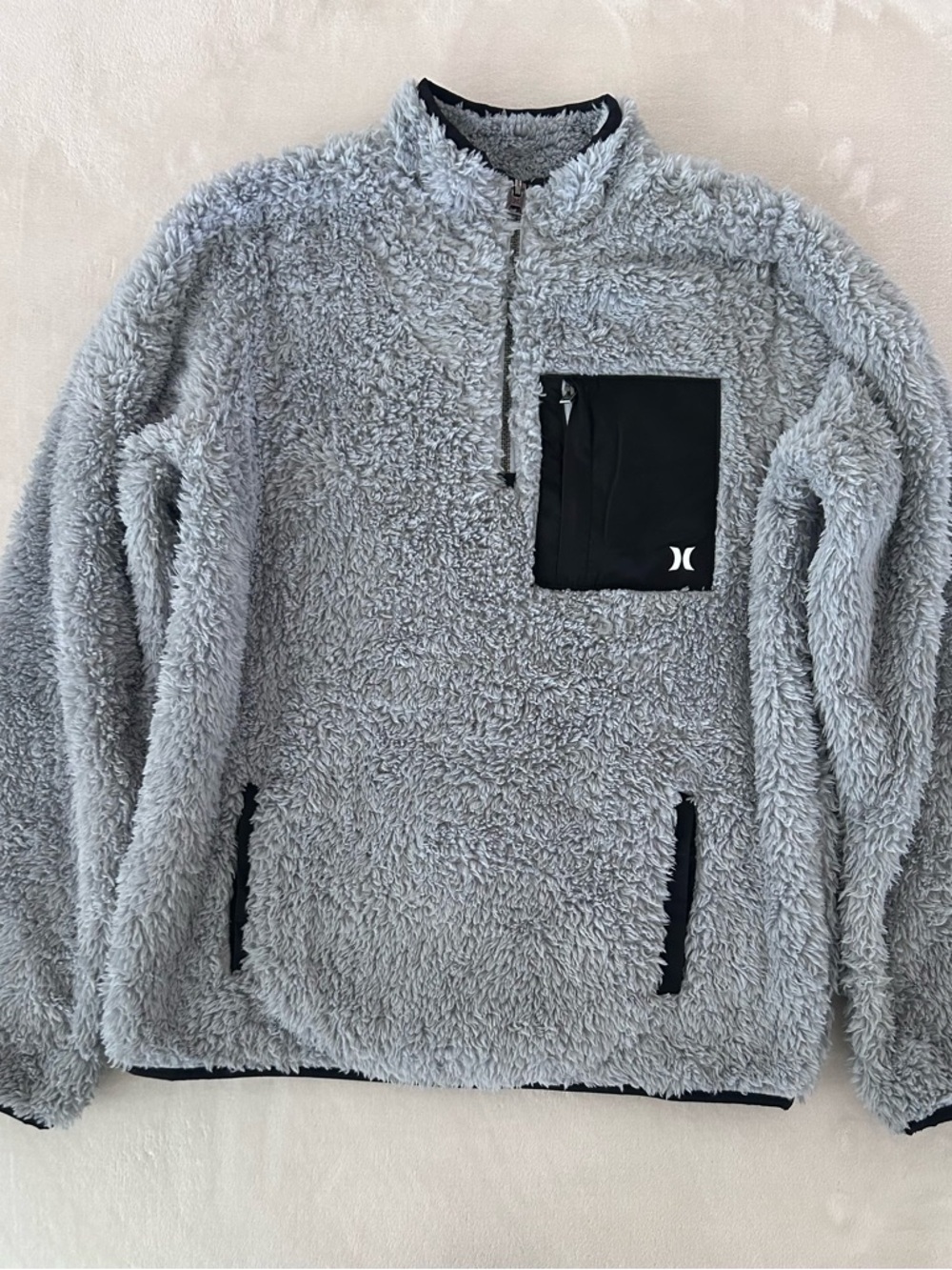 Hurley Light Gray Sherpa Quarter-Zip Pullover with Black Chest Pocket